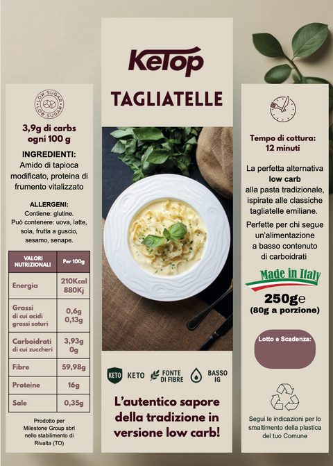 Ketop Tagliatelle Low Carb 250g – Pasta Tradizionale a Basso Contenuto di Carboidrati