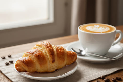 Cornetto in un piattino senza zucchero con accanto un cappuccino